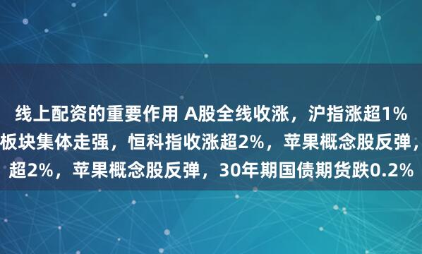 线上配资的重要作用 A股全线收涨，沪指涨超1%重返3200点，大消费板块集体走强，恒科指收涨超2%，苹果概念股反弹，30年期国债期货跌0.2%
